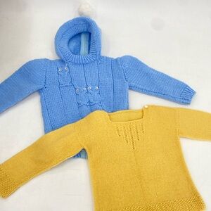 Vintage Blue and Yellow Kids Knit Sweater Owls